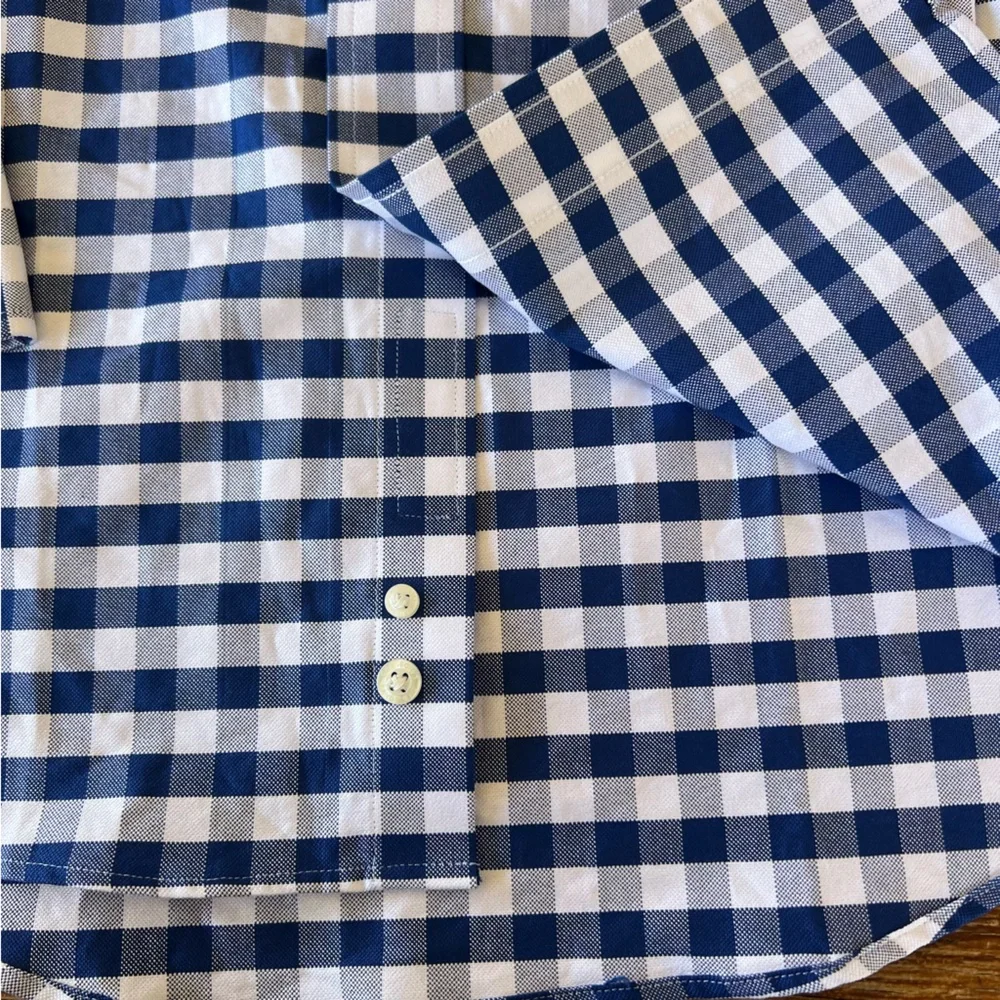 Lands’ End 15 1/2-32 Traditional Fit Navy Checked Button Long Sleeve Dress Shirt